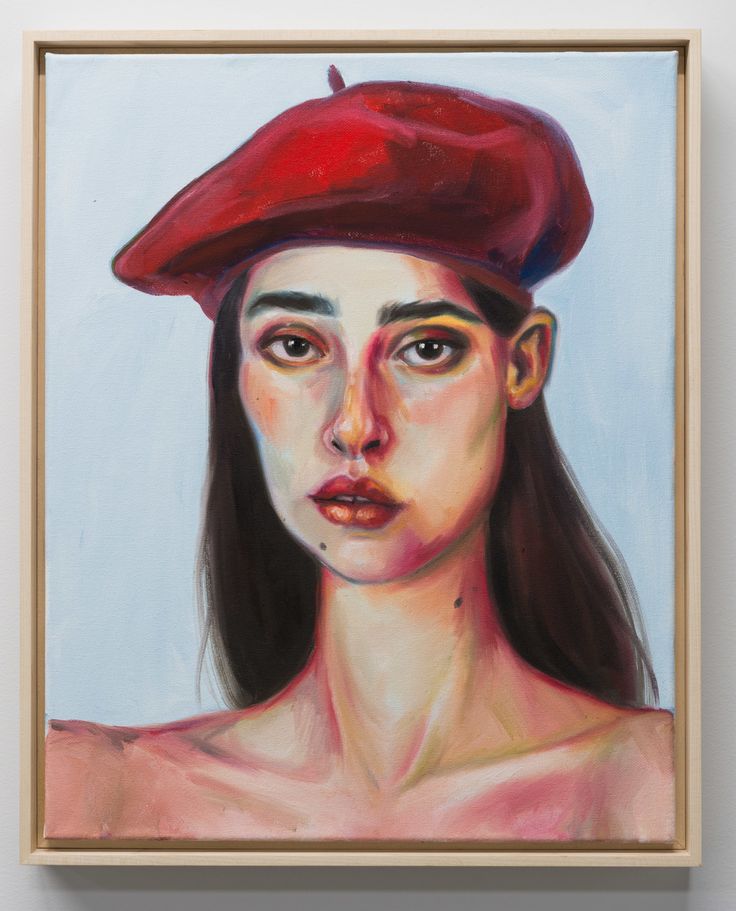 a painting of a woman wearing a red beret on top of a white wall