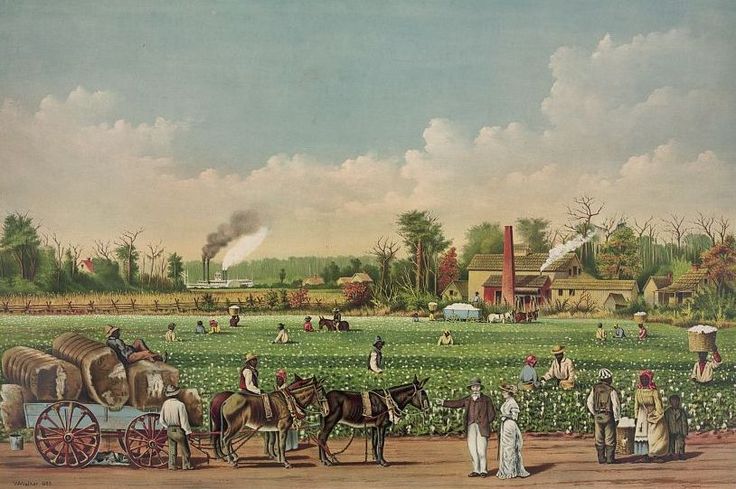 an old painting of people in a field with horses and buggies on the road