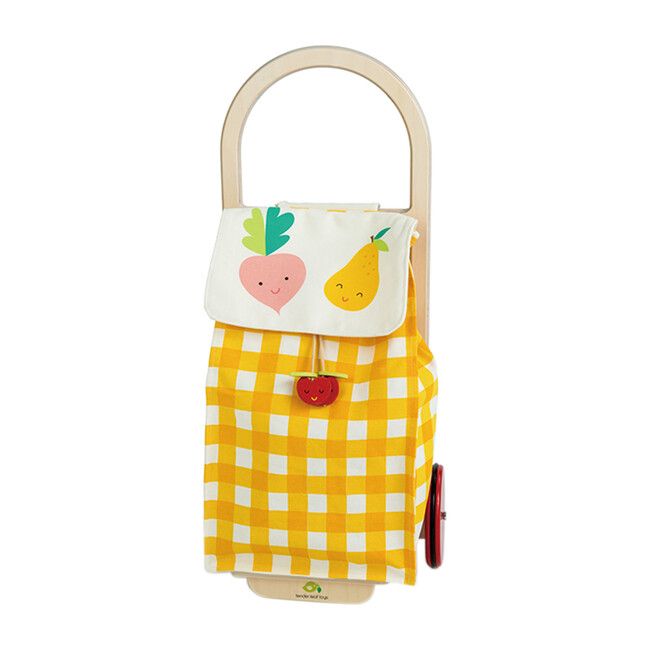 a yellow and white checkered bag with fruits on the front, hanging from a hook