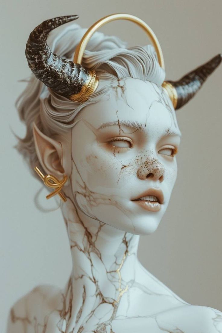 a woman with horns on her head is wearing white marble and gold jewelry, as if she's from the zodiac sign virgoon