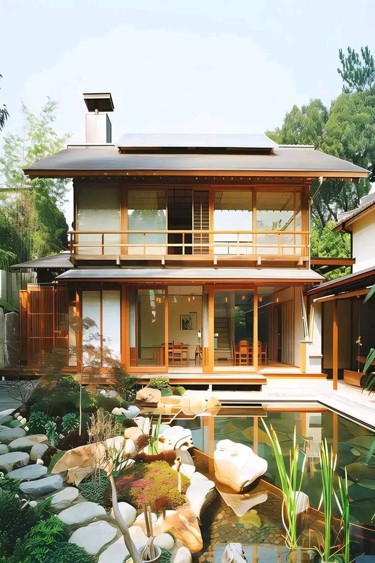 a house with a pond in front of it and lots of rocks around the pool