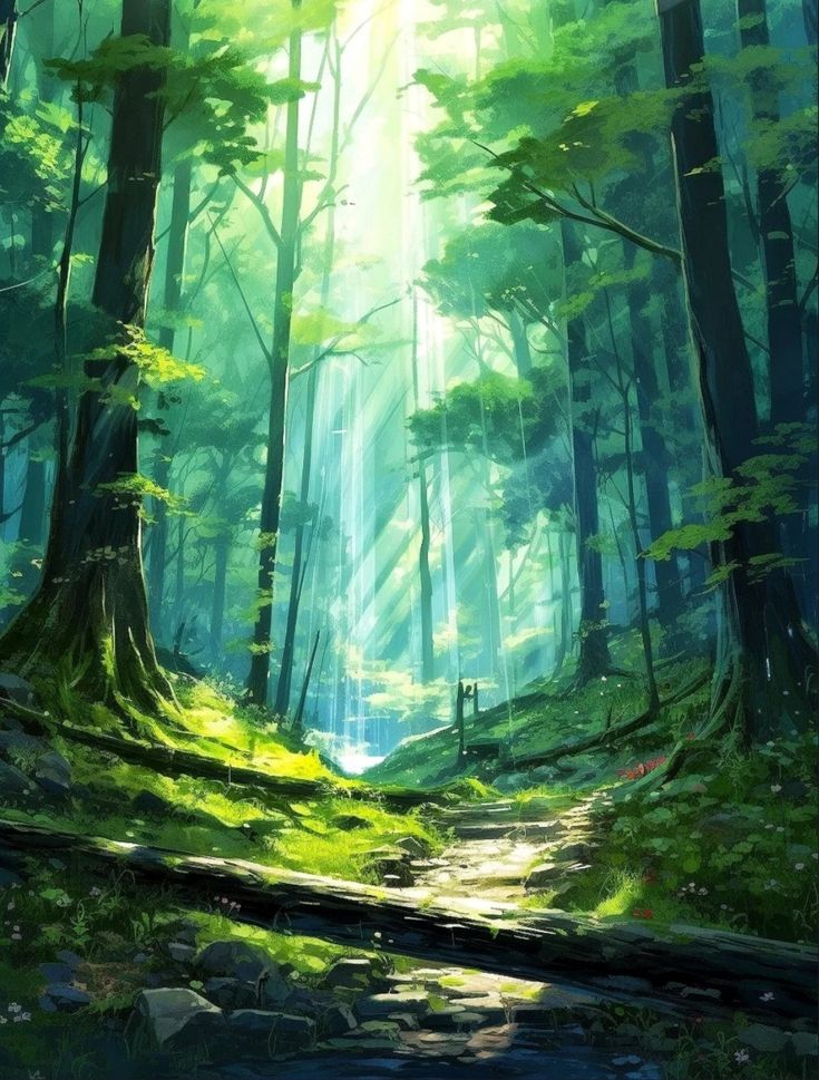 the sun shines through the trees and leaves in this forest scene, as if it were painting