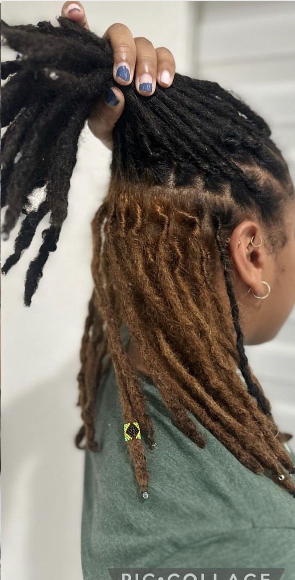 Peekaboo Locs Brown, Two Color Locs, Loc Peekaboo Color, Skunk Stripe Locs Black Women, Peekaboo Dreadlocks, Half Dyed Locs Black Women, Peekaboo Hair Color Locs, Dyed Locs Highlights, Dreadlock Color Ideas Black Women