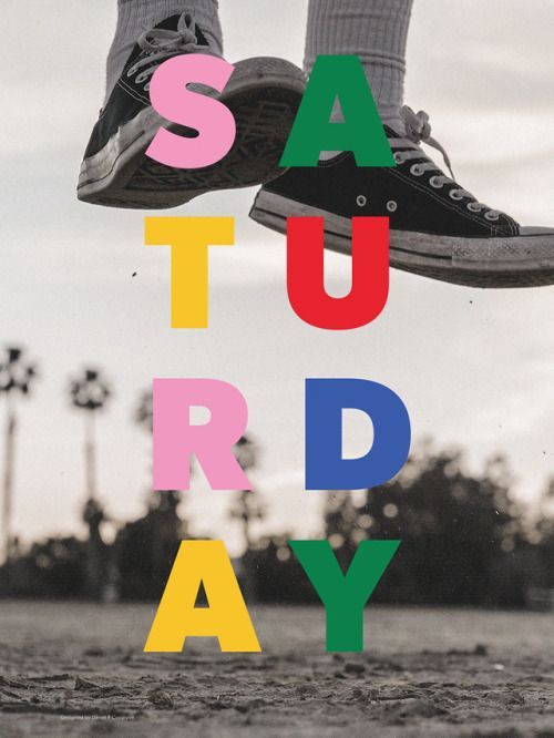 a person jumping in the air with their feet on top of letters that spell out say, saturday