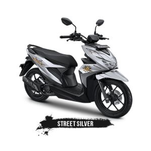 a white and black scooter is shown with the words street silver on it