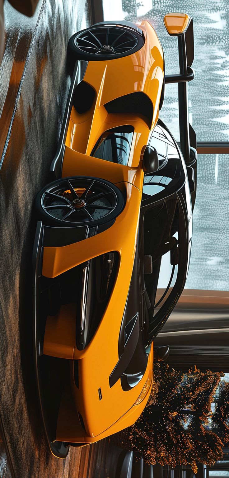 two yellow sports cars are parked next to each other on the side of a building