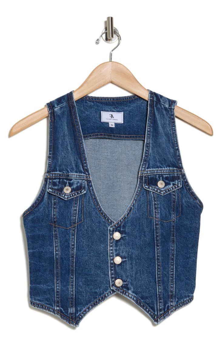 Fall for the close-fitting silhouette of this cropped vest made from nonstretch denim and designed with an adjustable strap at the back. Front button closure V-neck Chest button-flap patch pockets 100% cotton Machine wash, dry flat Imported Vest Outfits Denim, Styling Denim Vest Outfit Ideas, Plus Size Denim Vest, Denim On Denim Outfits For Women, How To Style Denim Vest, Jeans Vest Outfit, Josie Outfits, Denim Vest Top, Denim Vest Outfit