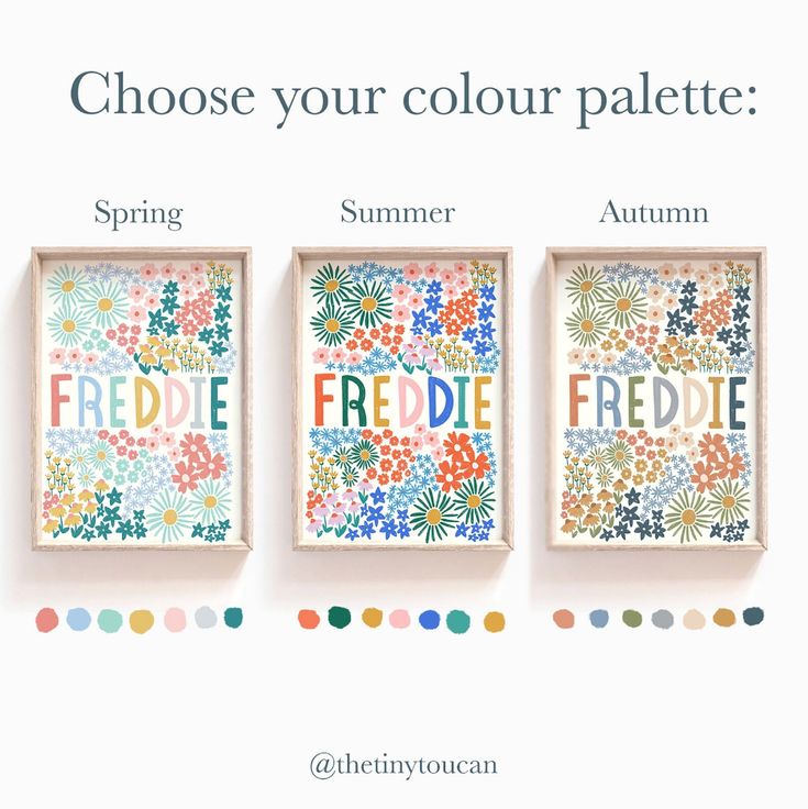 three framed art pieces with the words choose your color palette and spring, summer, and autumn