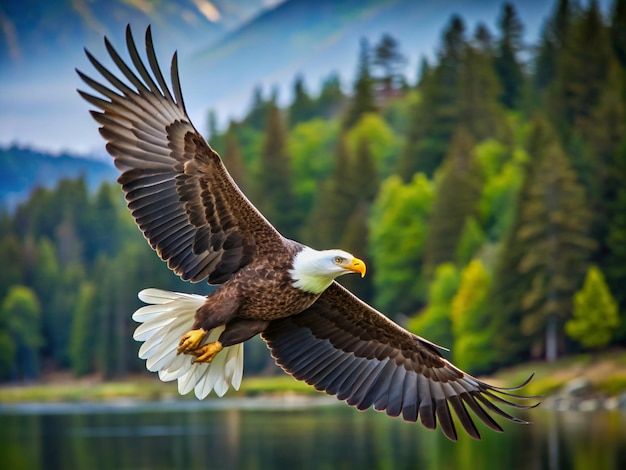 an eagle is flying over the water with trees in the background