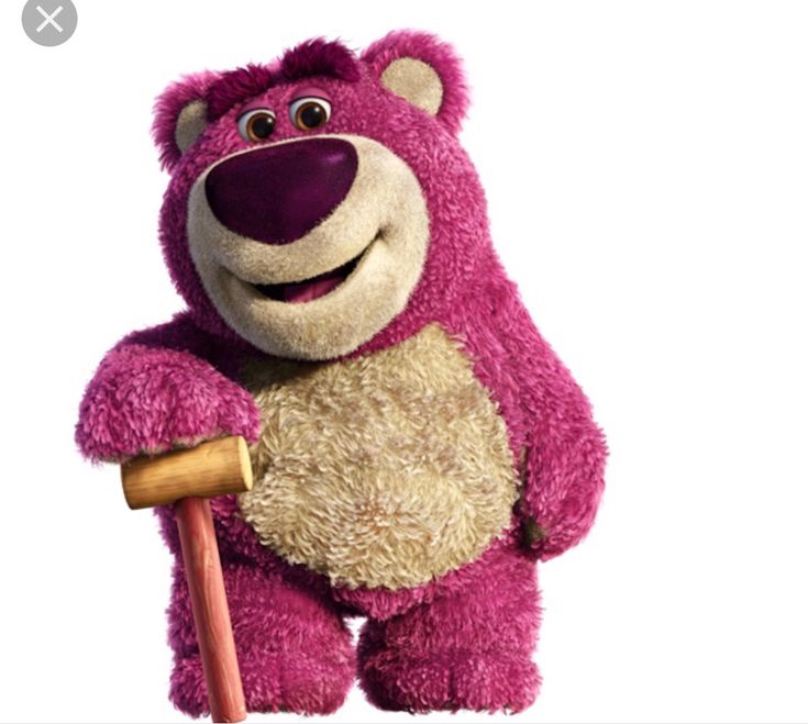 a pink teddy bear holding a wooden stick