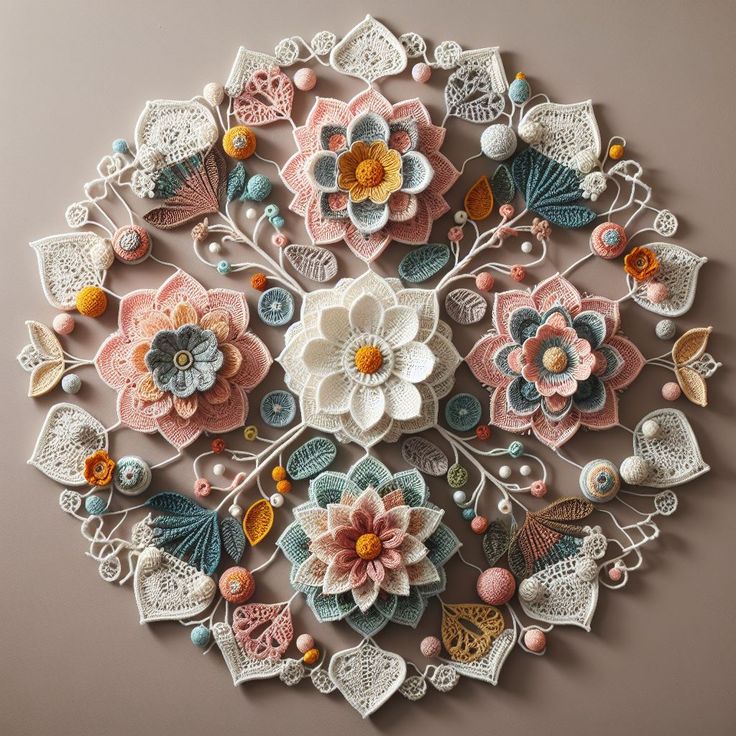 an intricately designed wall hanging made from crochet and yarn with flowers on it