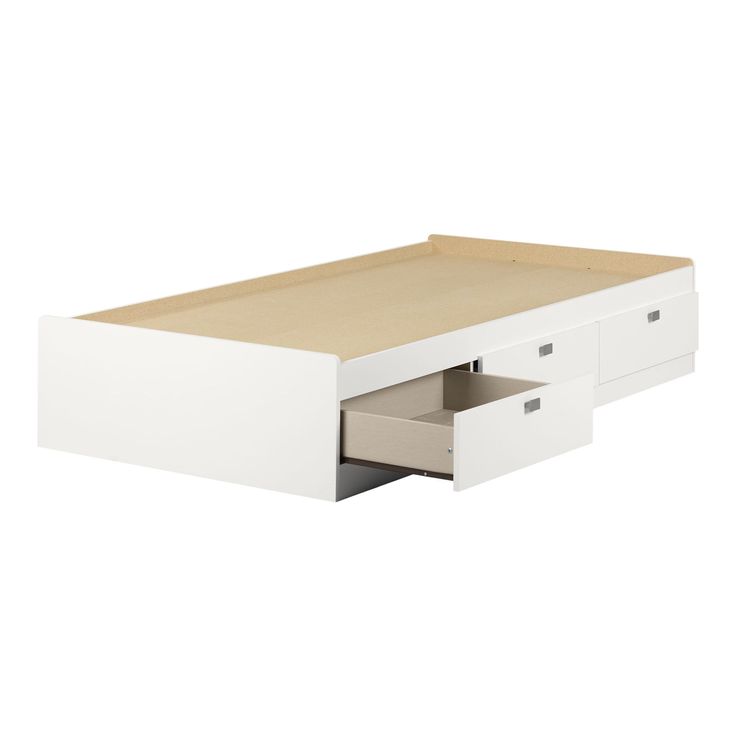 a white bed frame with two drawers on each side and an open drawer underneath it