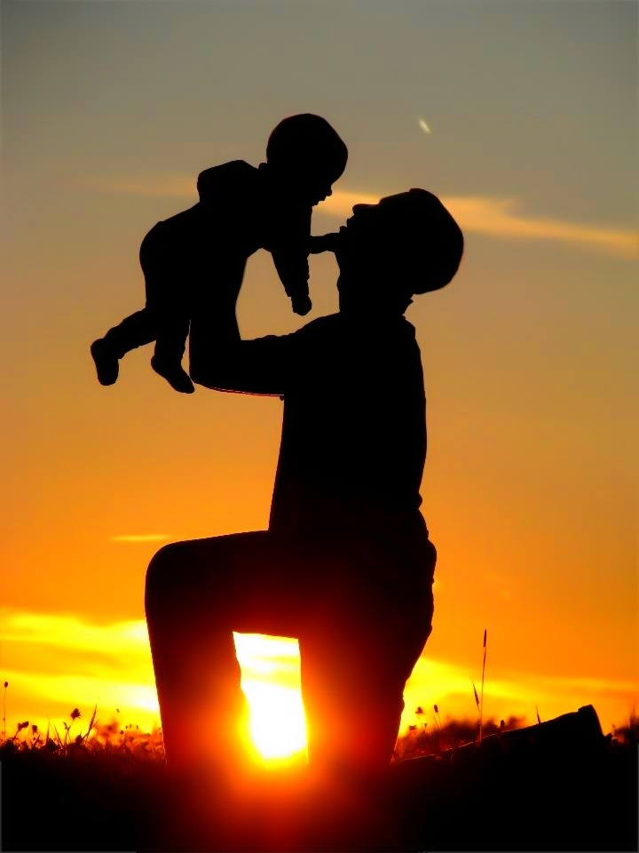 the silhouette of a man holding a child in his arms as the sun sets behind him