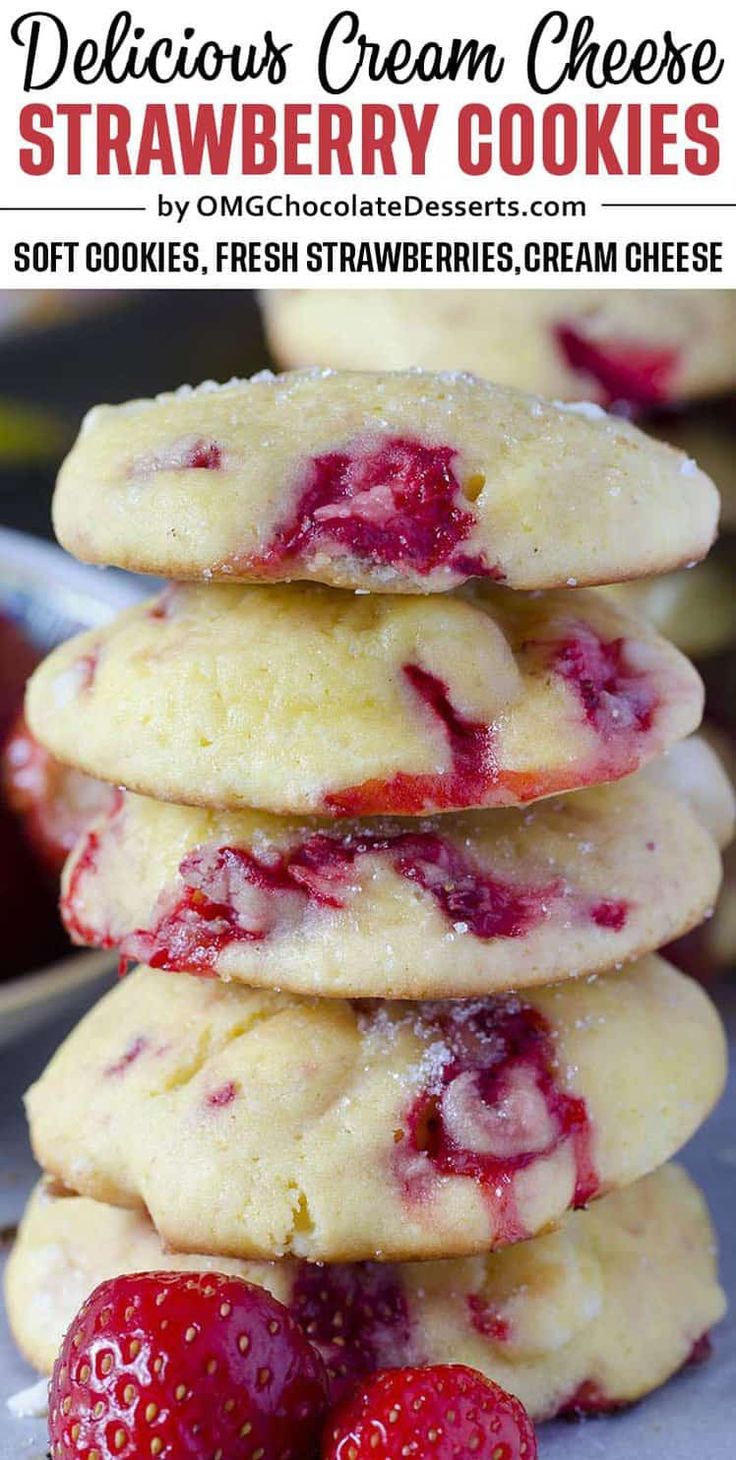 strawberry cream cheesecake cookies stacked on top of each other