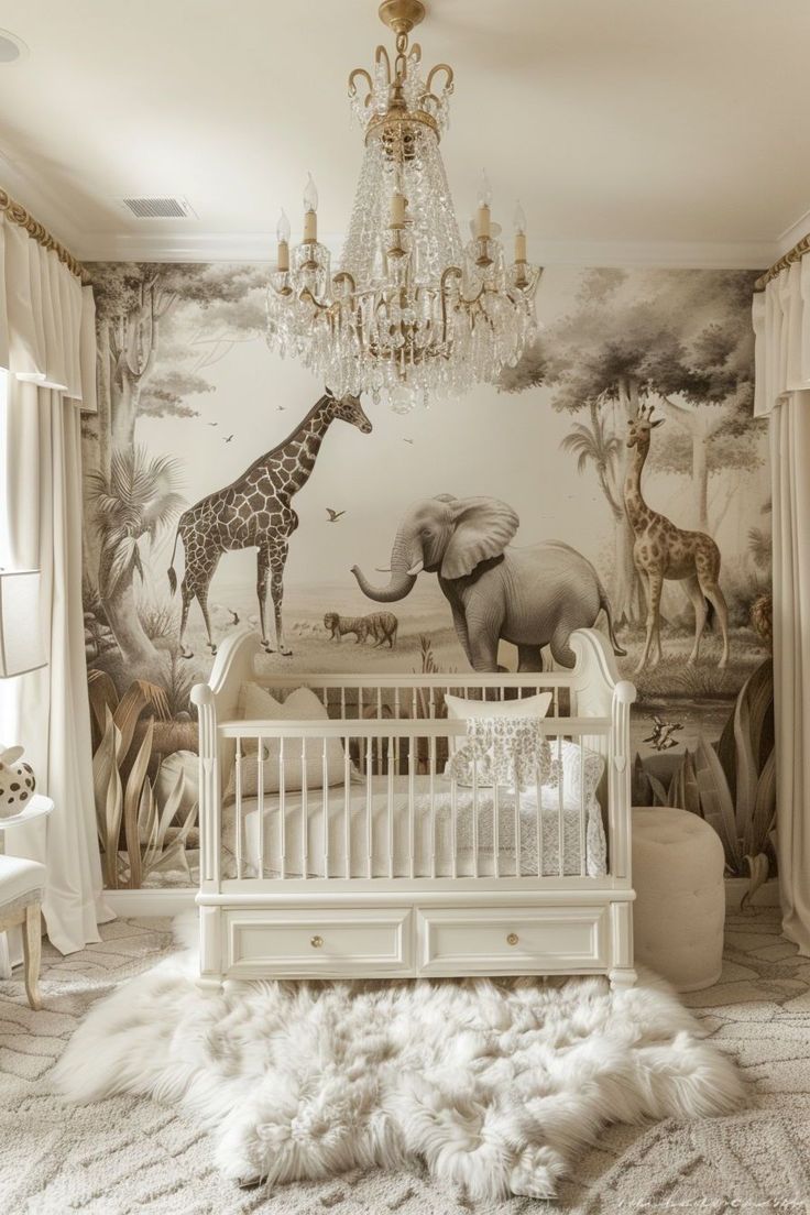 a baby's room with a giraffe and elephants on the wall