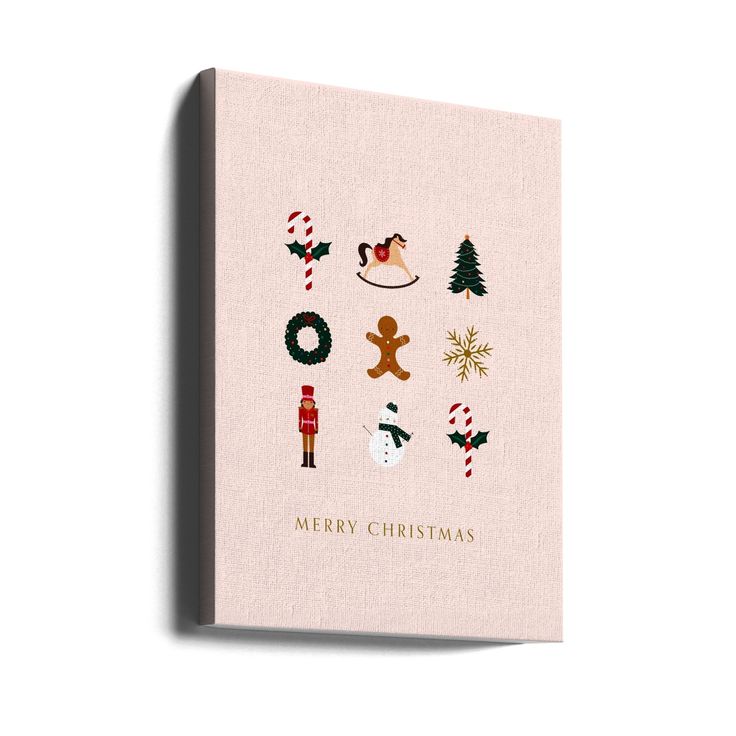 a pink christmas card with the words merry christmas on it and images of santa claus, snowman, reindeer, nutcracker