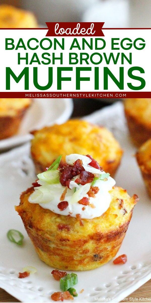 bacon and egg hash browns muffins on a white plate with text overlay