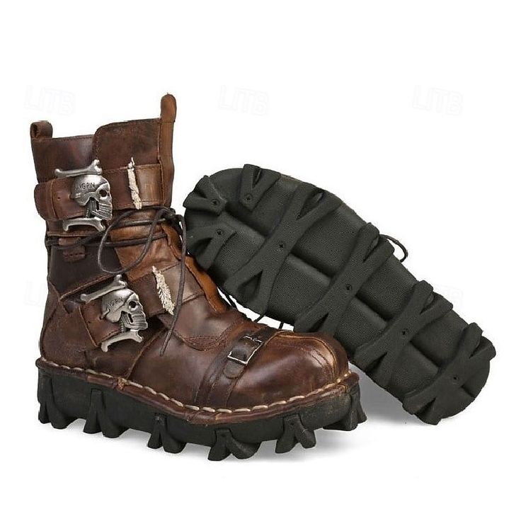 Category:Boots; Upper Materials:Leather,Cowhide; Embellishment:Splicing; Season:Winter; Gender:Men's,Women; Activity:Hiking,Walking; Toe Shape:Round Toe; Style:Vintage,Casual; Boot Shaft:Booties / Ankle Boots; Outsole Materials:Rubber; Occasion:Outdoor,Daily; Closure Type:Lace-up; Function:Warm,Height Increasing,Comfortable,Slip Resistant; Pattern:Solid Colored; Listing Date:09/18/2023; 2024 Trends:Motorcycle Boots,Work Boots,Biker boots,Handmade Shoes; Foot Length:null; Foot Width:null; Size chart date source:Measured by LightInTheBox. Rocker Boots, Steampunk Boots, Military Combat Boots, Leather Motorcycle Boots, Gothic Boots, Leather Work Boots, Punk Boots, Army Boots, Leg Bag