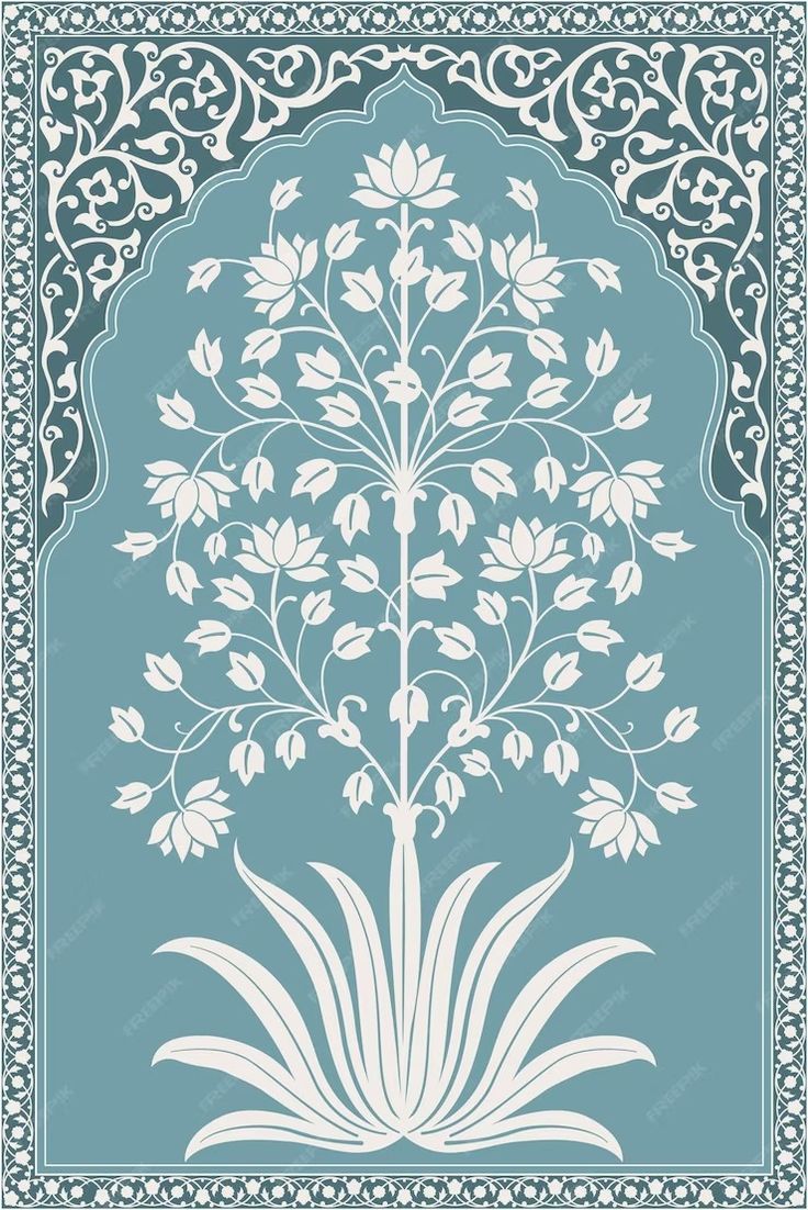 an intricately designed tree with leaves and flowers in the middle, on a blue background