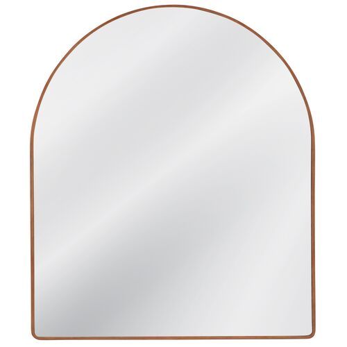 an arch shaped mirror with a brown frame on the top and bottom, against a white background