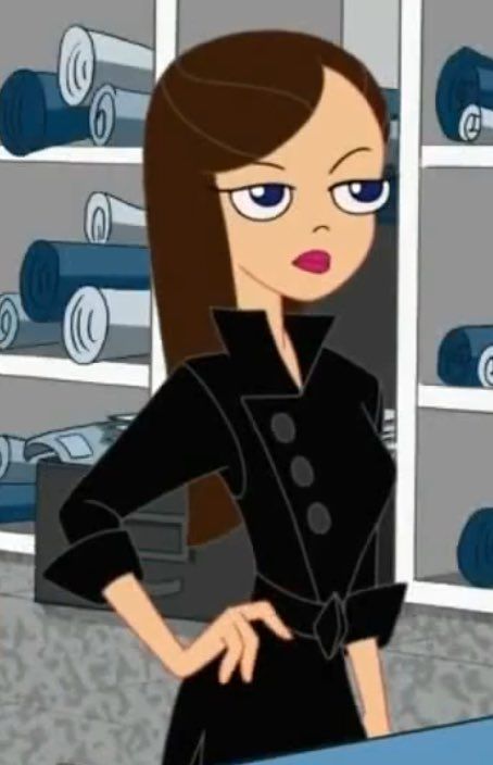 an animated woman standing in front of a shelf