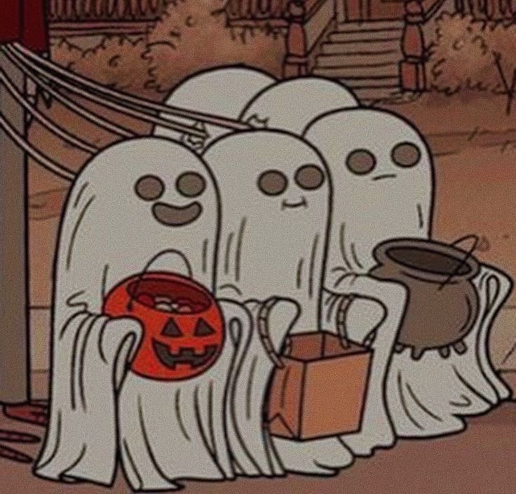 cartoon characters dressed up as ghostes with bags and buckets in front of them