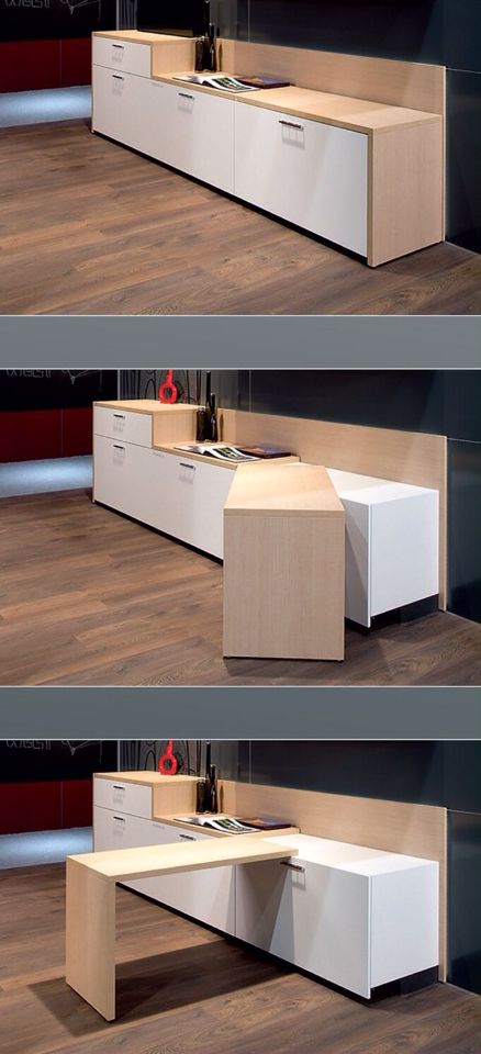 three different views of an office desk with drawers and cupboards on each side, in front of a wooden floor