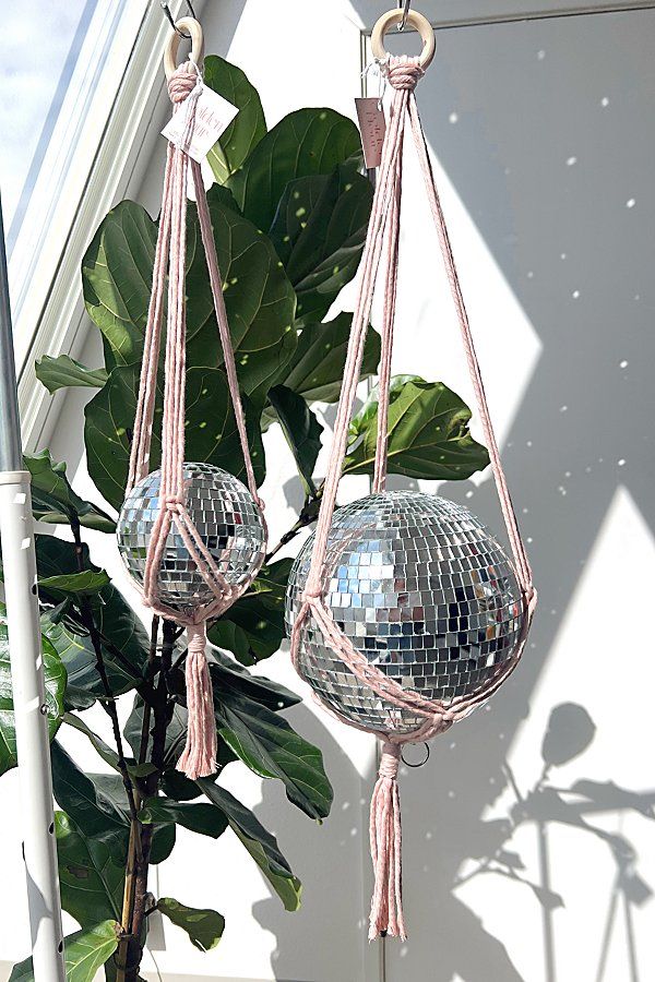 two hanging disco ball ornaments in front of a houseplant and potted plant