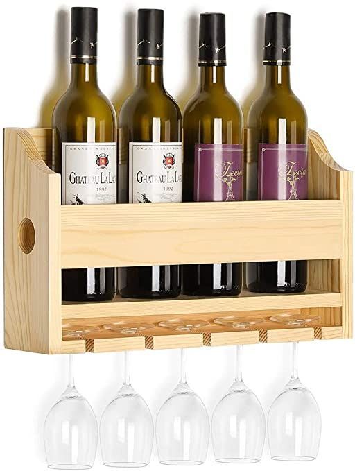 wine glasses and bottles in a wooden holder