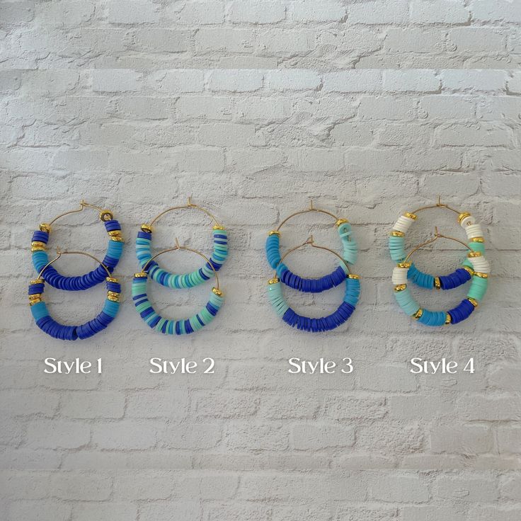 Hoop size: 35 mm / 1.37 inches  polymer clay heishi beads in beautiful shades of blue on gold plated wire hoops.  Need some summer hoops that are versatile and can be worn with casual outfits and night outfits? These simple hoops are for you! A pop of color or two bring a beautiful blue statement. Available in 4 styles.  *Only Style 2 may differ; not a deliberate pattern. Heishi Bead Jewelry, Heishi Bead Jewelry Ideas, Heishi Hoop Earrings, Heishi Earring Ideas, Heishi Beads Earrings, Clay Beads Inspiration, Polymer Clay Bead Jewelry, Polymer Clay Bead Earrings, Clay Beads Earrings