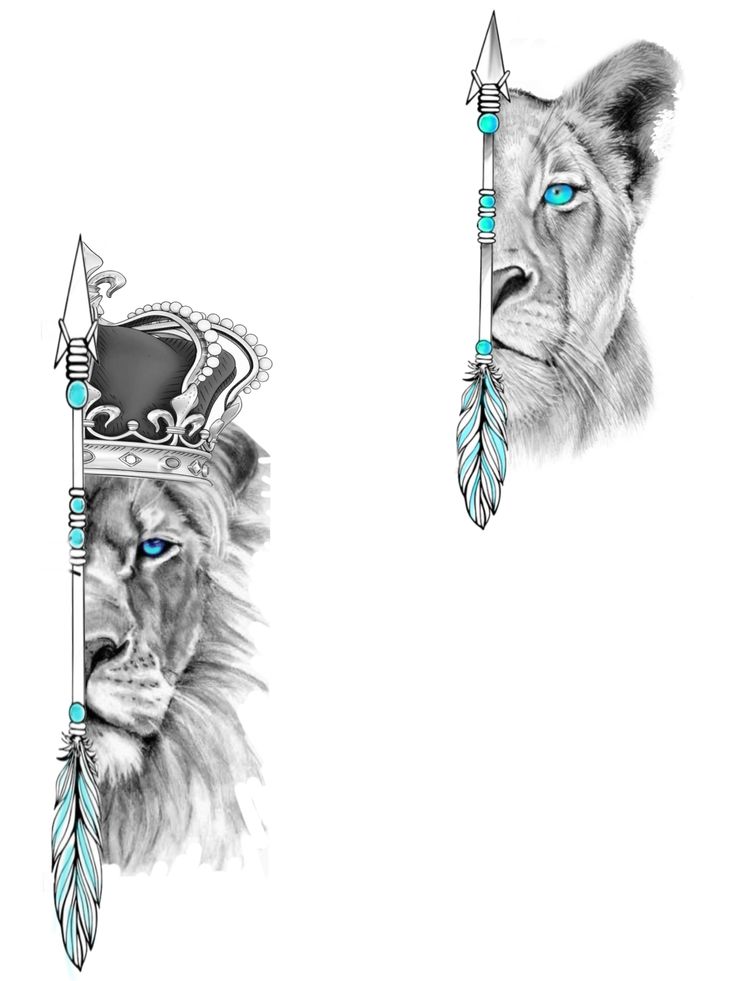 two lions wearing crowns with blue eyes and arrows on their foreheads, one in the foreground