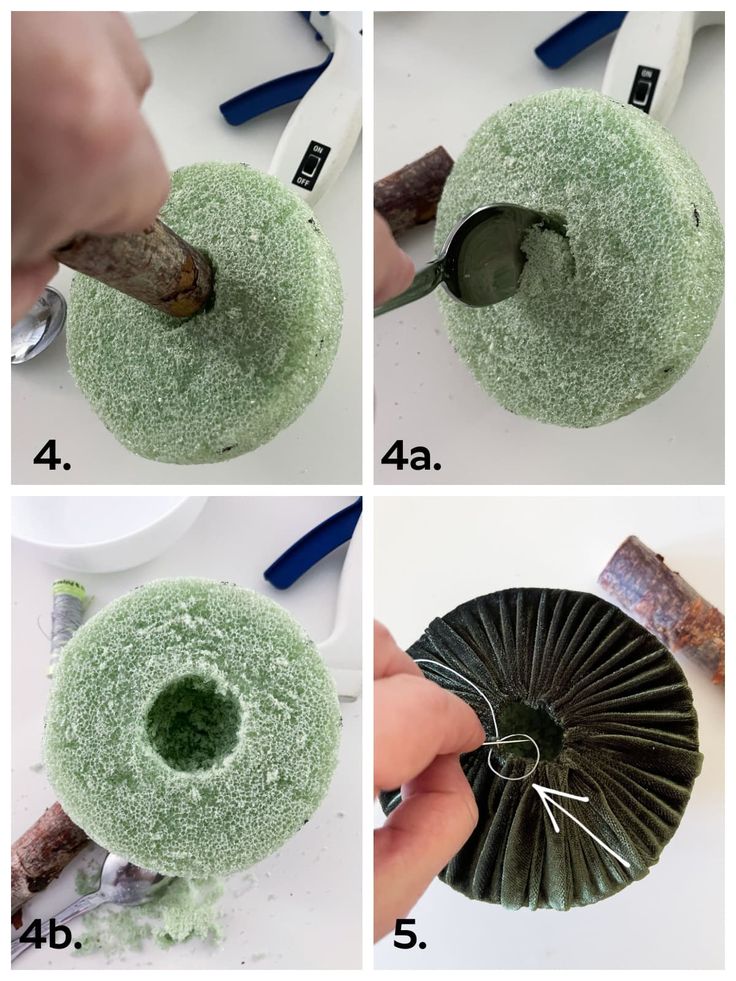 four pictures showing how to make a green cake