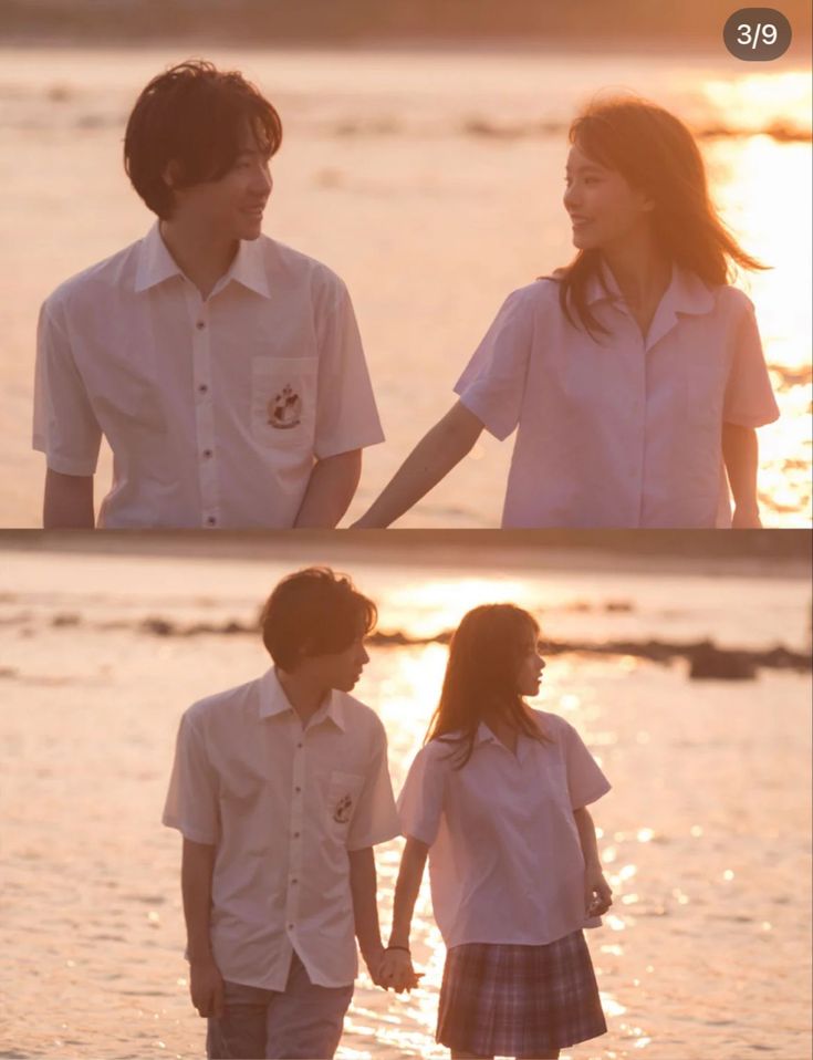 two people are holding hands and walking in the water at sunset or sunrise, one person is wearing a white shirt