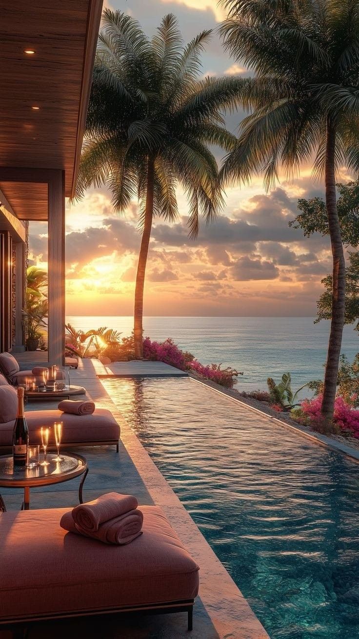 an outdoor swimming pool with chaise lounges and palm trees in the background at sunset