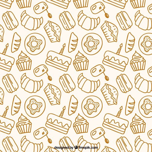 a white and gold background with many different types of desserts on it, including donuts