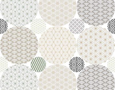 an abstract pattern with circles and waves in grey, green, beige and white colors