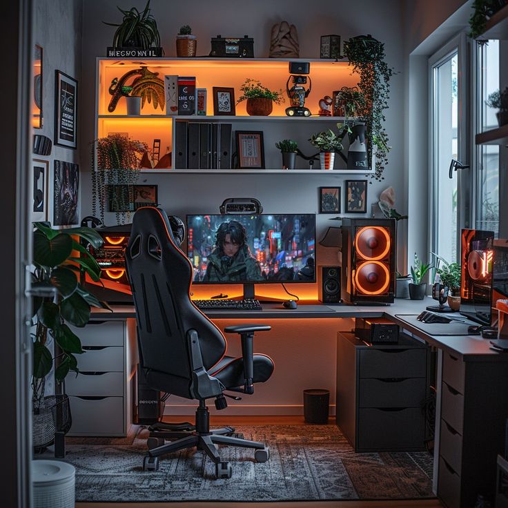 a home office with an illuminated desk and shelves filled with plants, books, and pictures