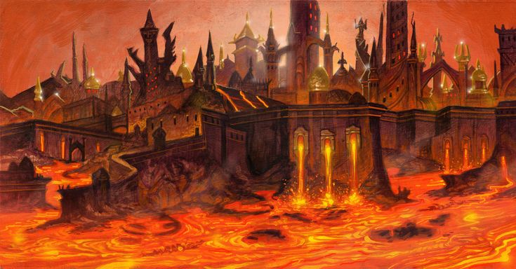 a painting of a city on fire with flames coming out of it