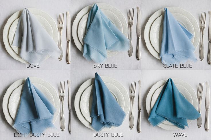 six different napkins on plates with forks and knives