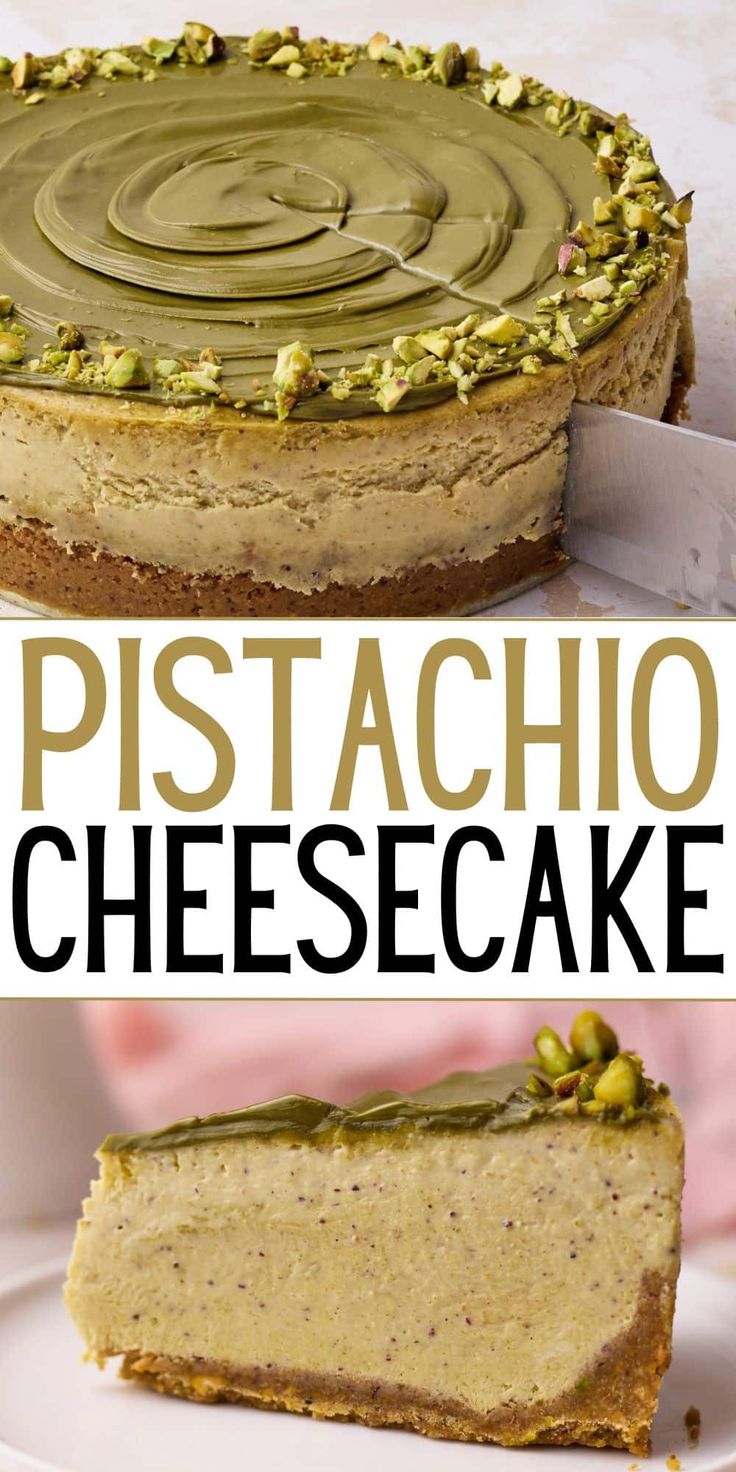 two pictures with different types of cheesecakes on them and the words pistachio cheesecake