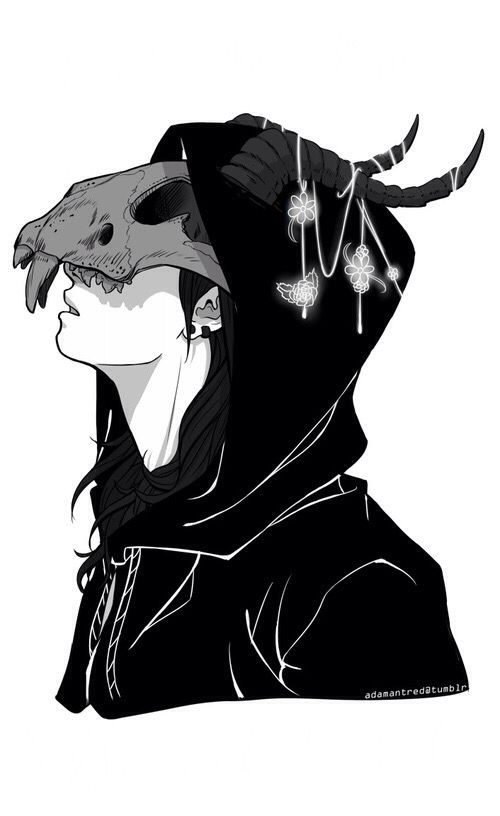 a drawing of a person wearing a hoodie with horns on their head, in black and