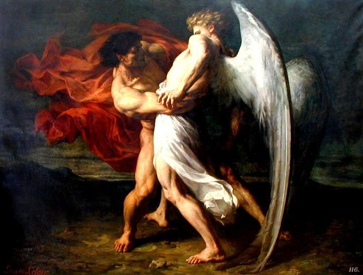 a painting of two men with wings on their backs, one being hugged by the other