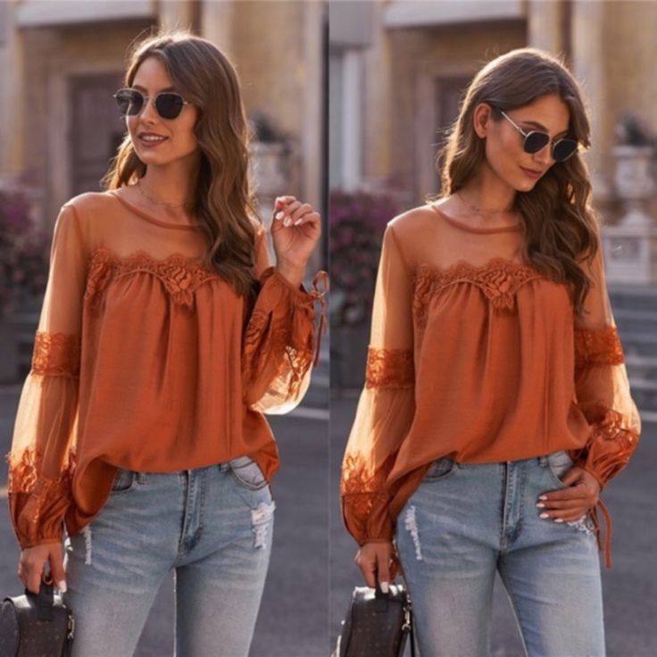 Lightweight And Cozy To Wear In Cool Autumn. Graceful Lantern Sleeve Gives A Special Look. Casual Brown Fall Blouse, Cool Autumn, Batwing Sleeve Top, Orange T Shirts, Black Long Sleeve Top, Long Sleeve Knit Tops, Velvet Tops, Lantern Sleeve, Sheer Sleeves