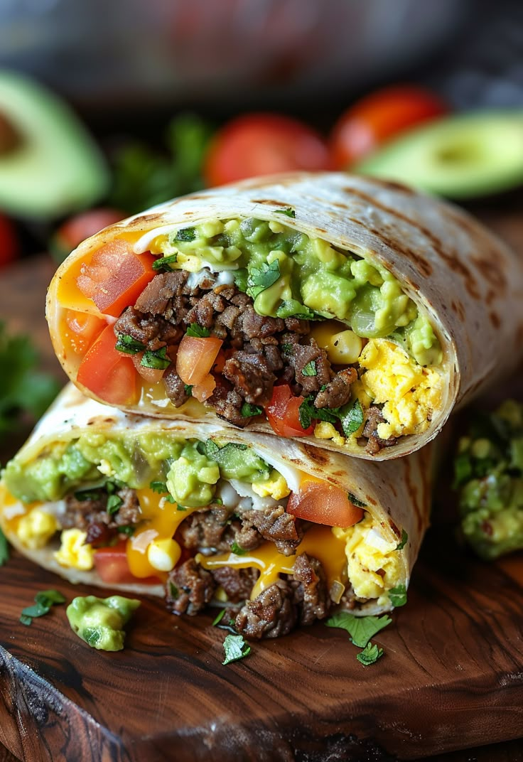 two burritos on a cutting board with guacamole and avocado