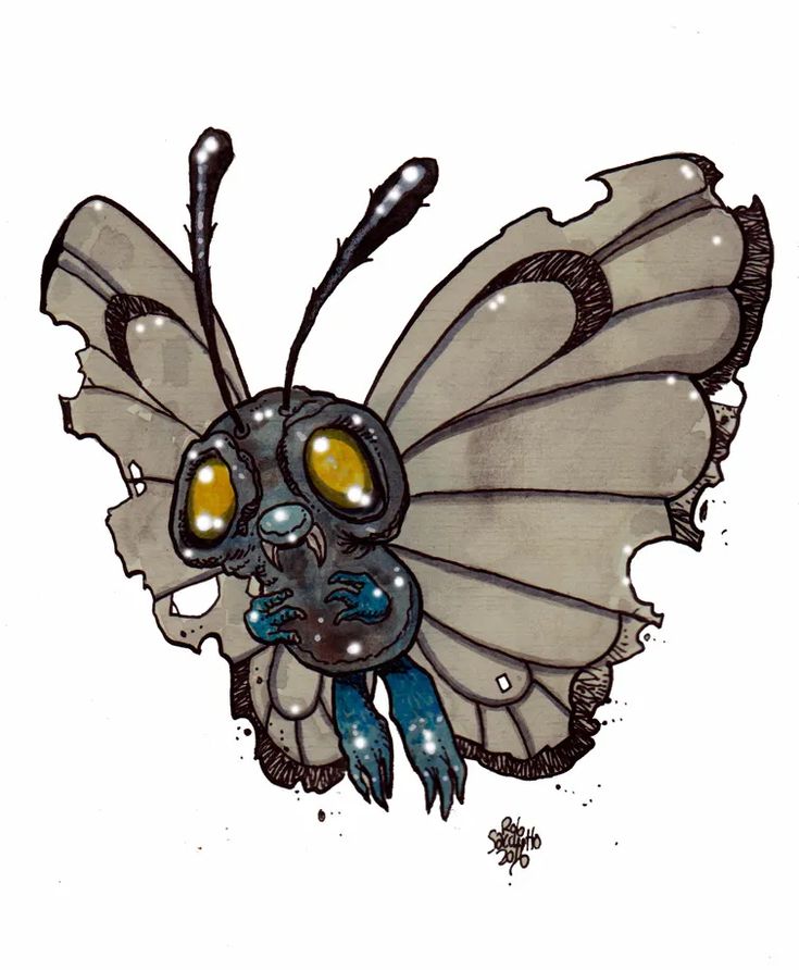 a drawing of a butterfly with yellow eyes and an alien like face on it's wings