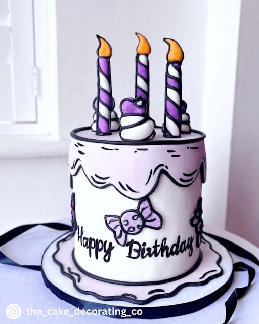 a birthday cake with lit candles on it