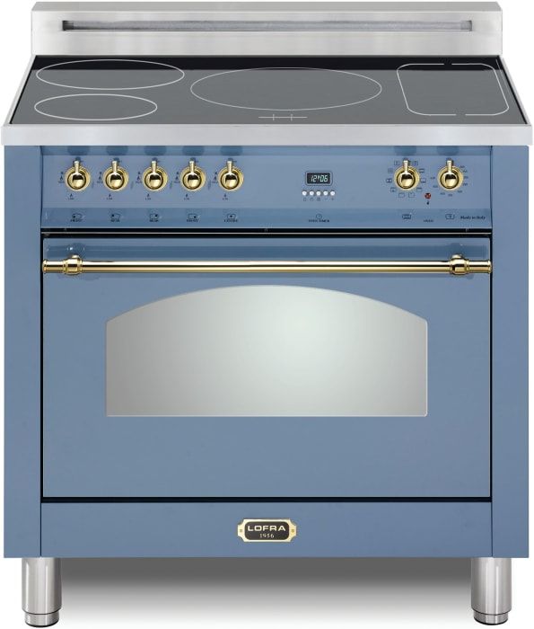 a blue stove top oven with two burners and one door on the front side