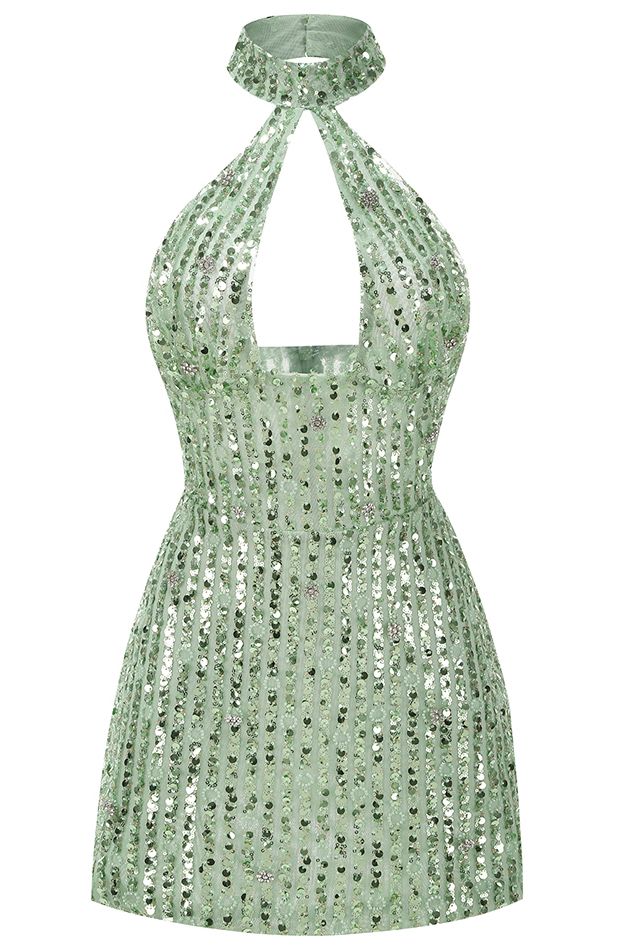 Halter Crystal Sequin Dress Green DESIGN: Color: Green Halterneck Sleeveless Sequined Cut-out detail Open back design Embellished with rhinestones Concealed zipper at back Gentle Dry Clean Only Length: Mini MATERIAL: Polyester + Cotton + Spandex High quality durable fabric. Delicate sewing and hemming by durable needle lockstitch machine. YKK zipper (known as the most durable and reliable zippers manufactured today). To maintain the beauty of your garment, please follow the care instructions on the attached label. Color may vary due to lighting on images. The product images (without model) are closest to the true color of the item.     * Order one size up for a relaxed fit. * Pay special attention on measurements to ensure proper fit. * If you are between two sizes the large White Dress Performance, Homecoming Dress Halter, Teal Birthday Dress, Green Sequin Mini Dress, Cher Red Carpet, Dresses For New Years Party Night, Green Date Night Outfit, 21st Bday Dress, Mini Dresses Green