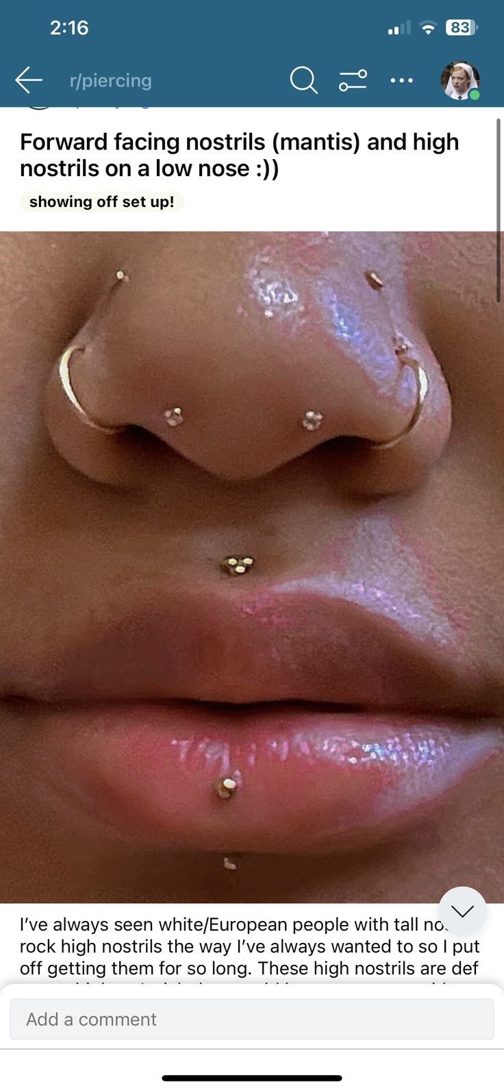 a woman's nose with piercings on it and the caption says,