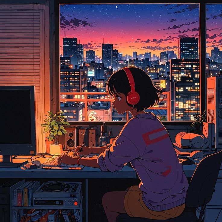 a person sitting at a desk with headphones on in front of a cityscape